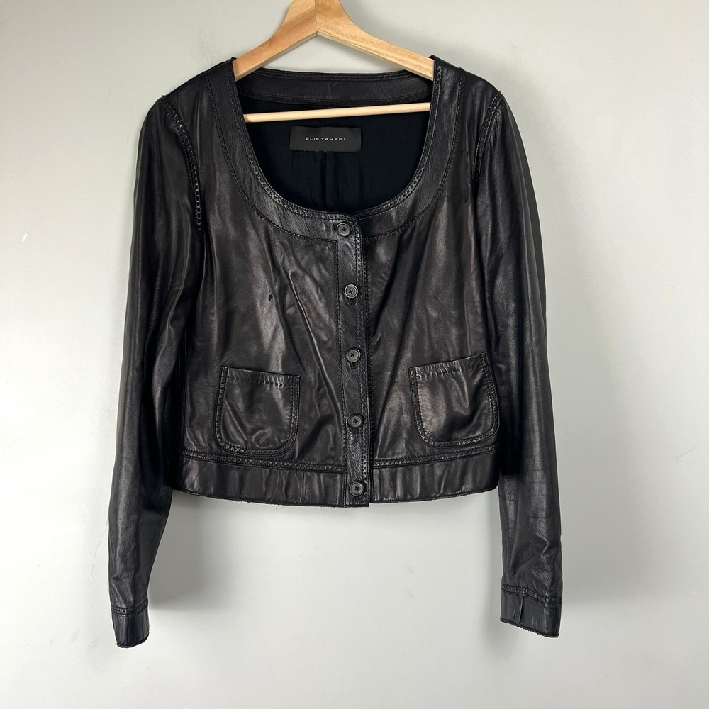 Elie Tahari Womens Black Leather Scoop Neck Whipstitch Cropped Jacket Size S